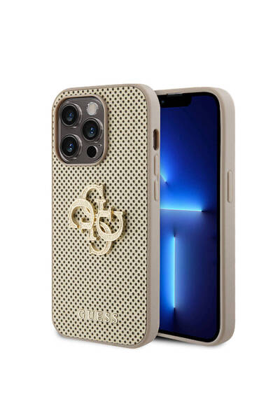 Guess iPhone 14 Pro Max Uyumlu Kılıf Guess Lisanslı Delikli 4G Glitter Büyük Metal Logolu Gold