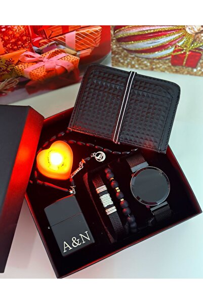 Has Erkek Siyah Saat Bileklik Çakmak Tesbih ve Cüzdan Hediyeli Kare Set Kutu