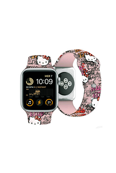 Hello Kitty Apple Watch 38mm Uyumlu Lisanslı Etiket Graffiti Silikon Kordon