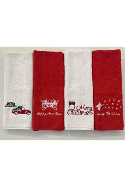 Casamollis 4 Adet %100 Pamuklu Nakışlı Mutfak El Yüz 50x90cm Kırmızı ve Beyaz...