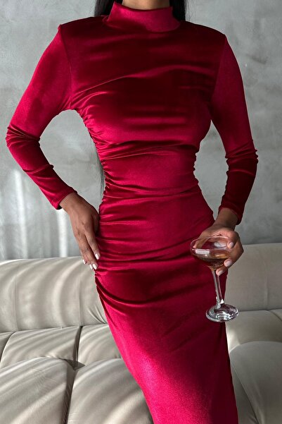 lovebox Beli Pencere Tül Dekolteli Dik Yaka Midi Boy Uzun Kollu Esnek Kadife Kumaş Kırmızı Abiye Elbise 600