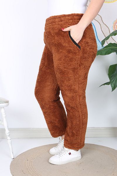 xlargebutik PLUS SIZE CLOTHING WARM COMFORTABLE BROWN PLUSH FLEECE HIGH WAIST FULL FLEXIBLE