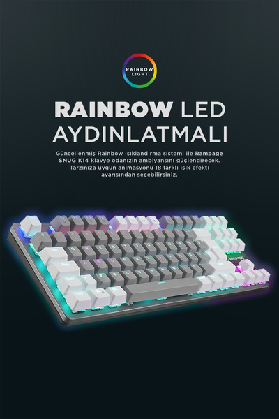 Rampage Snug K14 Rainbow Blue Switch 87 Tuşlu Tkl Mekanik Klavye Oyuncu Klavyesi Kompakt Gri / beyaz