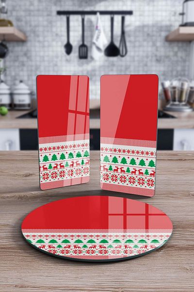 Decovetro 3-Piece Round Plaid Woven Set - Glass Presentation Serving and New Year Patterned Plate