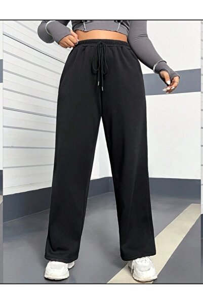FİTGO Μαύρο γυναικείο φαρδύ παντελόνι φόρμας για όλες τις εποχές