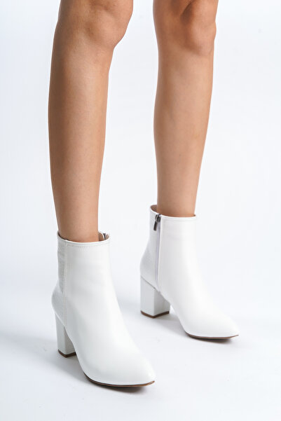 MASSOLE White Leather Thick Heeled Women's Boots with Patent Leather Detail Daily Stylish Comfortable New Season women's boots