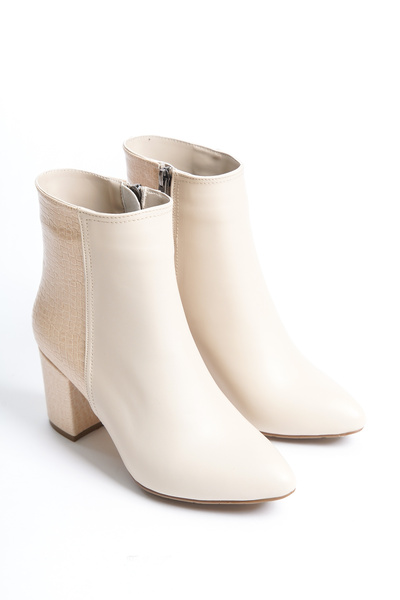 MASSOLE Bej Deri Kalın Topuklu Kadın Bot Rugan Detaylı Şık Günlük Rahat Yeni ...