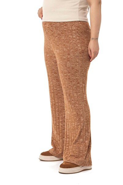DISENTIS MODEST Large Size Wide Leg Elastic Waist Ribbed Knitwear Brown Trousers