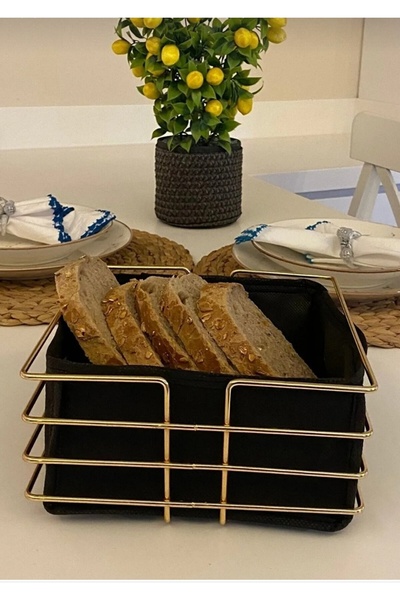 METALAY Metal Şeritli Kare Gold Ekmeklik Kumaş Kare Ekmeklik