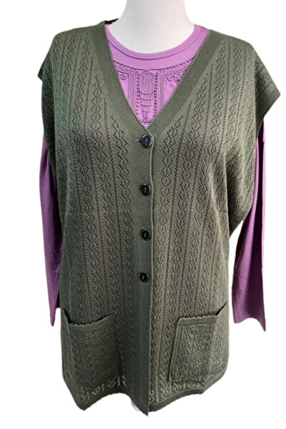 Nacar Kadın Önü Düğmeli Cepli Ince Triko Anne Yelek