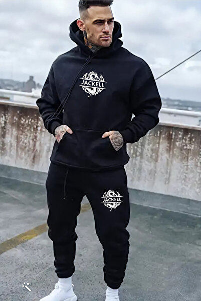 next otto Set de trening negru cu glugă, imprimat unisex, combinație cu 2 fire