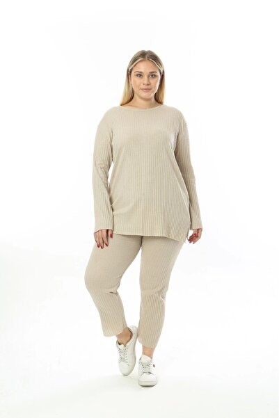 ModaSehle Büyük Beden Uzun Kollu Yüksek Bel Beli Lastikli Yırtmaçlı İnce Kaşk...