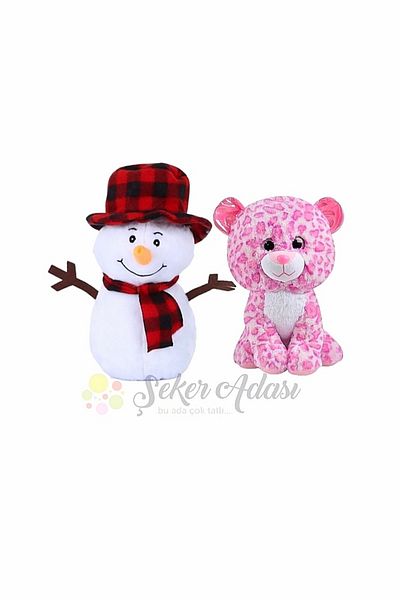 Şeker Adası Plush Snowman 25 cm and Pink Panther Cat 15 cm New Year's Winter Decorative Gift Ornament