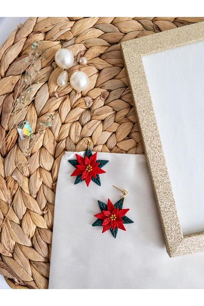 BeuBella Aksesuar Special Design Colorful Polymer Clay Red Flower Detail Earrings