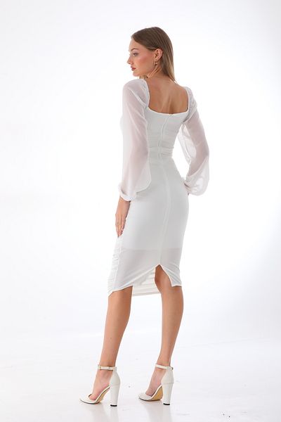 OlaLady Μαύρο φόρεμα Drafe Sandy Square Collar, σιφόν με μανίκια