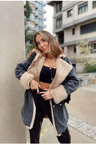 zoe star Leksa Palton lung din denim cu guler și mâneci Palton lung din denim cu blană