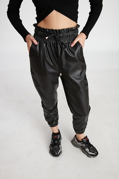 Kese Fashion Store Women's Black Faux Leather Trousers with Snap Fasteners and Rubber Detail and Elastic Waist