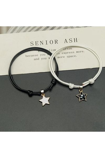 Köstebek Black and White Double Btf Bracelet with Star Motif