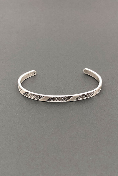 Nicheloop Sevgiliye Özel Hediye Erkek Viking Çiçek Desenli İnce Pirinç Üzeri Gümüş Kaplama Cuff Bilezik