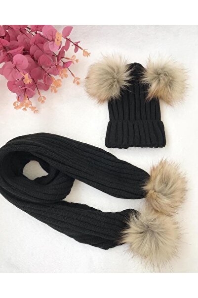 tunay moda Pompom scarf and beret set
