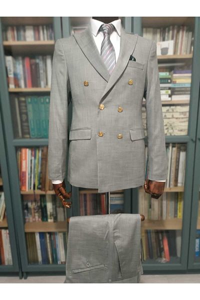 Querinca Light Gray Double Breasted Slim Fit Suit (With Tie and Collar Ornament Gift)