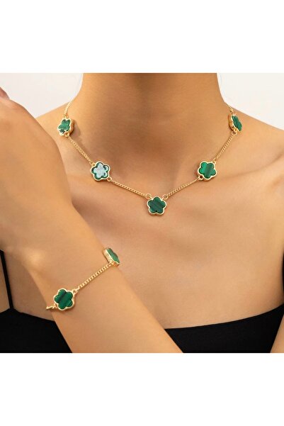 monalisatoka Kadın Gold Gonca Yeşil Kolye Ve Bileklik Takım