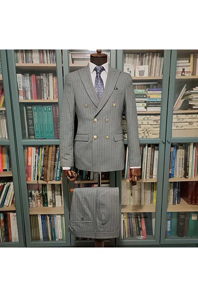 Querinca Gray Striped Double Breasted Slim Fit Suit (Tie and Collar Ornament)