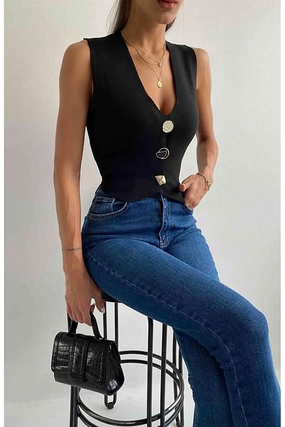 Lusin Women's Buttoned Knitwear Vest Black