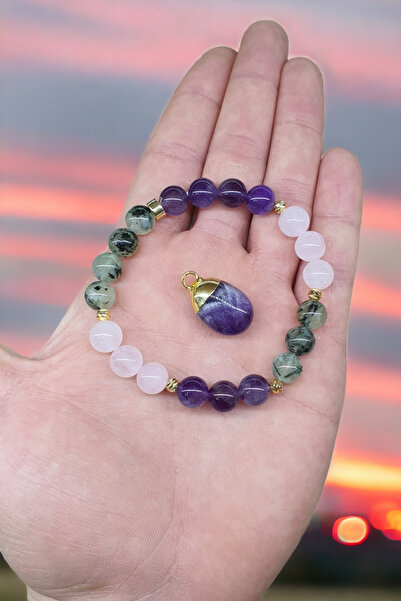 NBS Beautiful Naturel Stones Ametist , Pembe Kuvars , Prinayt ( Kolye HEDİYELİ ) Dorika Kararmaz Ara Aparat Doğal Taş Bileklik