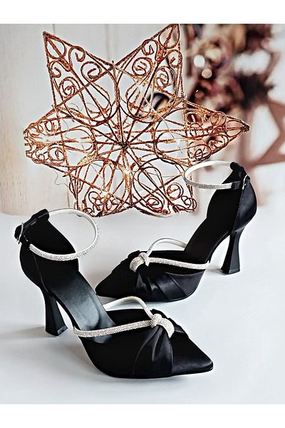 Modavien Women's Stoned Black Satin Evening Dress Shoes 353