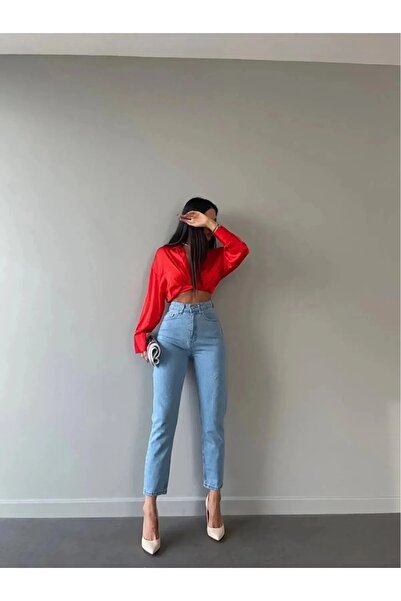 LİMABEL Pollen Light Blue High Waist Colorfast Mom Jean Women's Boyfriend Power Lycra