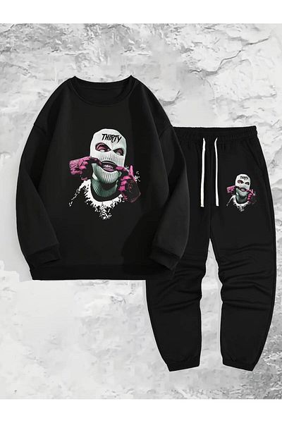 AMMA Unisex Thirty Masked Face Printed Hooded Sweatshirt Tracksuit Set