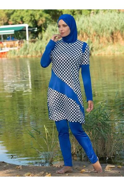 Neva Style Patterned Saks Blue Full Covered Hijab Swimsuit 1851Sx