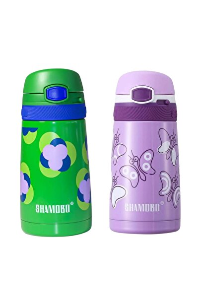 Shamobo زجاجة مياه للأطفال من الفولاذ المقاوم للصدأ سعة 350 مل مع مصاصة فاجون لايف (مجموعة من 2)