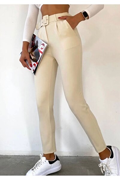 LAMİRAMOOD Γυναικείο παντελόνι με ζώνη, ίσιο πόδι, μπεζ, ψηλόμεσο