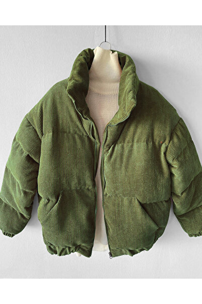 NO1 KONSEPT Πράσινο ζιβάγκο βελούδινο κοτλέ φουσκωτό παλτό