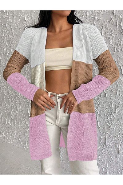 AQE FASHION Women's White Camel Powder Color Blocked Long Knitwear Cardigan