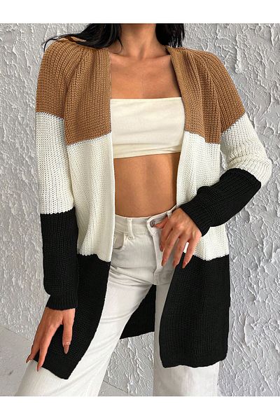 AQE FASHION Cardigan lung de tricotaj pentru femei, Camel, alb, negru