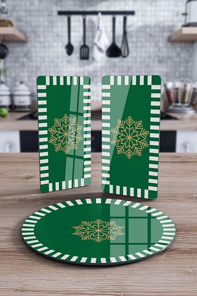 Decovetro Green White 3-Piece Round Glass Plate Set - Snowflake Pattern