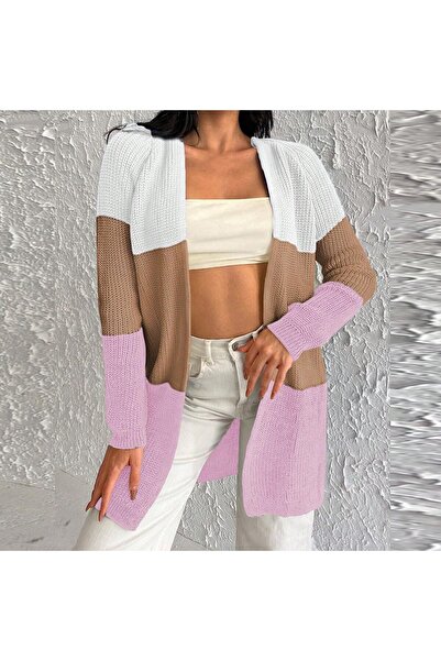 AQE FASHION Women's White Camel Powder Color Blocked Long Knitwear Cardigan