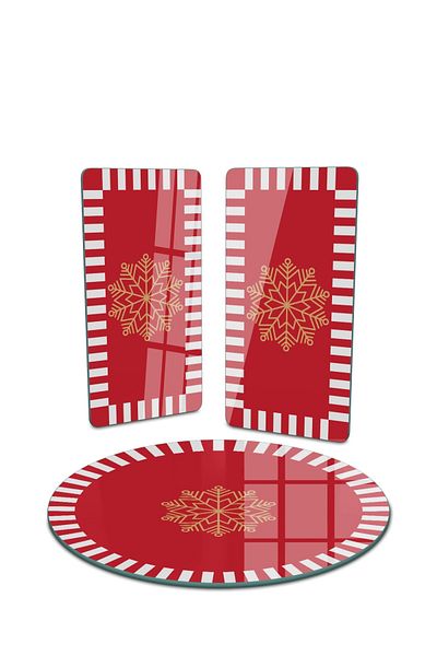 Decovetro 3-Piece Round Glass Serving Plate - Red and White Snowflake Pattern