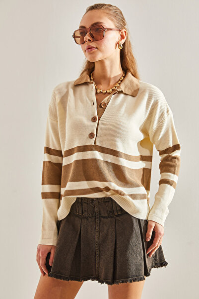 Bianco Lucci Women's Polo Neck Buttoned Knitwear Sweater