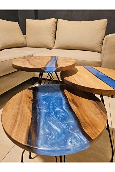 Mai Epoksi Ahşap Sehpa, 3'lü Epoksi Zigon Sehpa, Epoksi Nehir Sehpa, Doğal Ceviz Ağacı Epoksi Zigon,