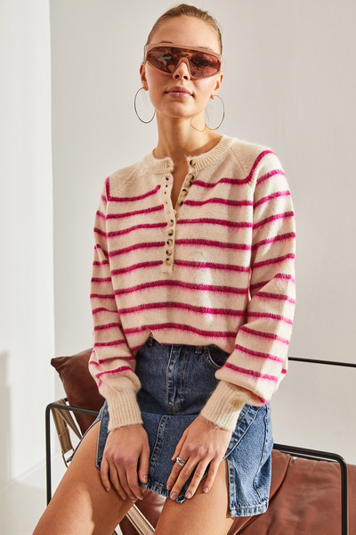 Bianco Lucci Women's Charmed Striped 11 Button Knitwear Sweater