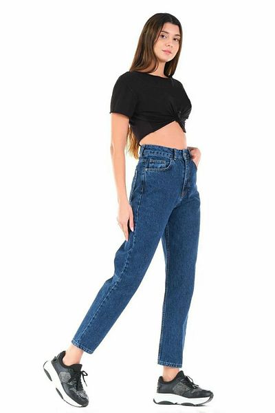 DRC trend Blugi Mom Boyfriend cu talie înaltă din Lycra albastru închis simplu