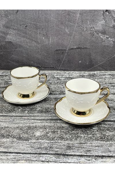 YzHome Set of 2 Porcelain White Gold Gilded Coffee Cup Set 80cc