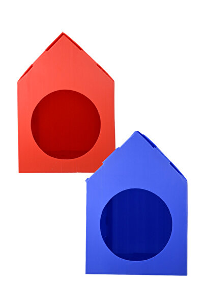 Temel Özel Üretim Plastik Kedi Evi 2li Set Mavi ve Kırmızı