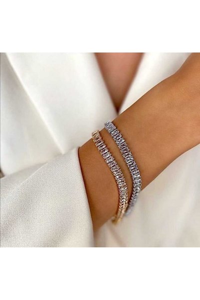BORENO Silver Color Plump Stainless Steel Bracelet with Waterway Baguette Stones (No Fade, No Fade)