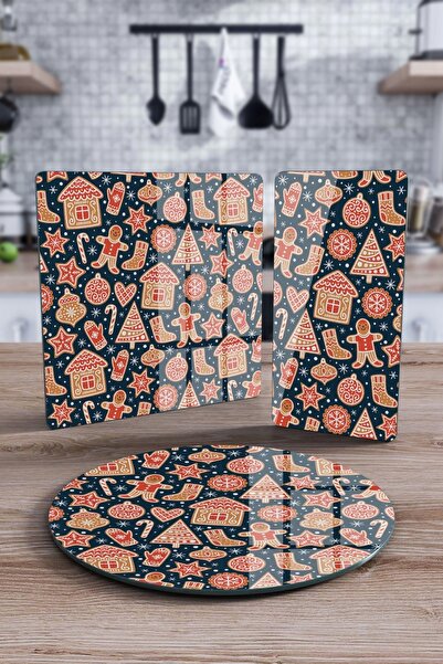 Decovetro Cam Sunum Servis Tabağı 3'lü Karma Set Yılbaşı Kurabiye Desenli