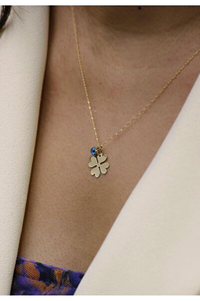 DİAMİNE PIRLANTA 14 Ayar Altın Nazar Boncuklu Yonca Kolye